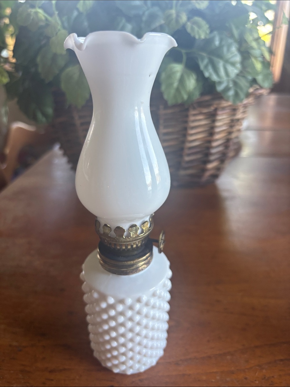 Vintage Heisey hobnail base with ruffle edge flue small milk glass oil lamp